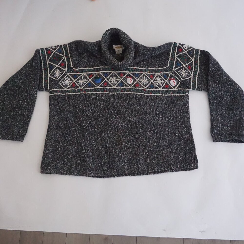 Vintage Talbots Charcoal Fair Isle Snowman Nordic Turtleneck Knit Sweater XL